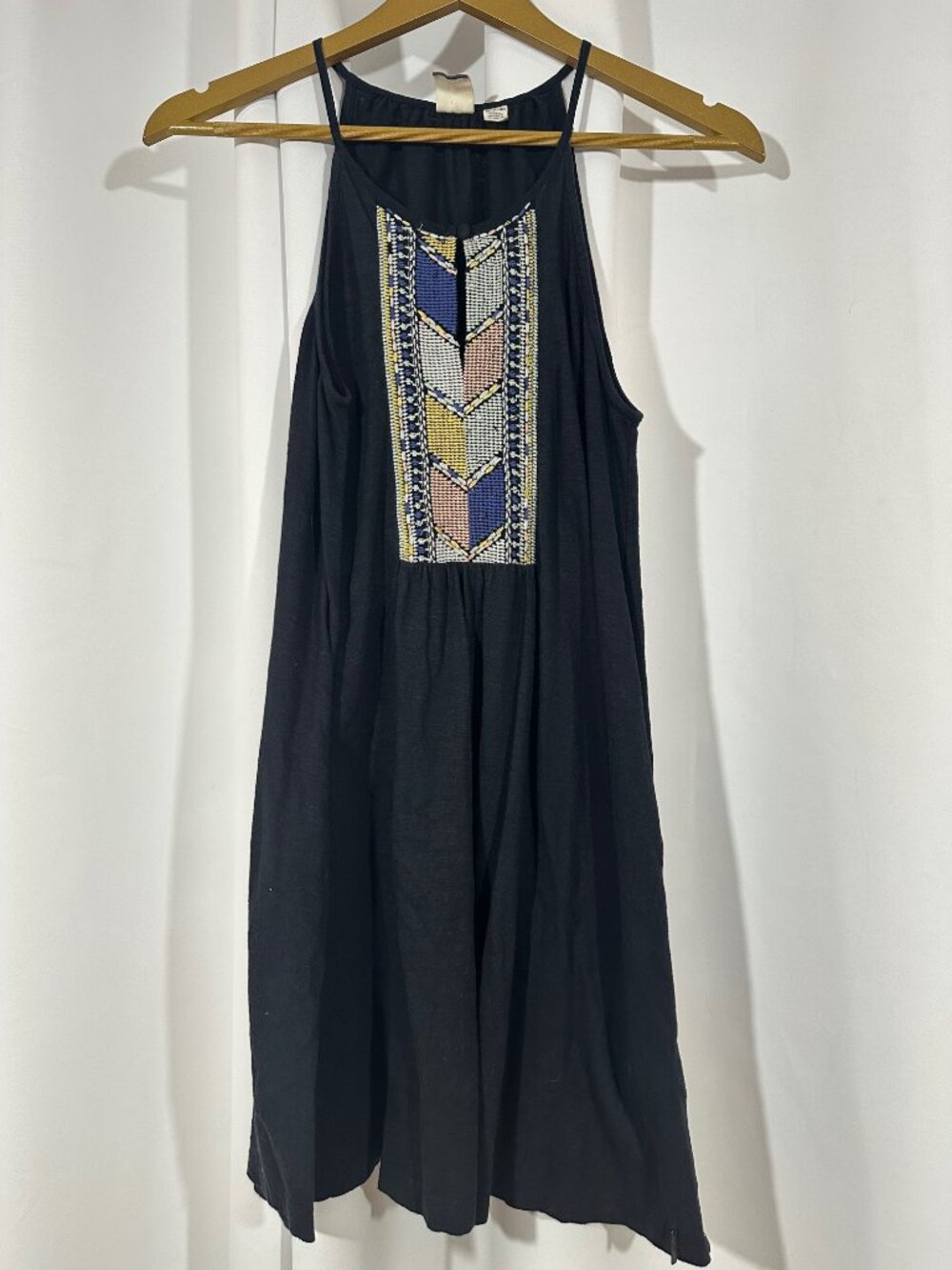 Roxy Embroidered Halter Sundress Size XS Black Cotton Boho Beach Dress Summer